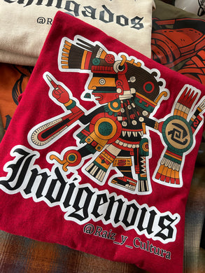 Indigenous “Tezcatlipoca” Warrior Tee (Red/Multicolor Print)